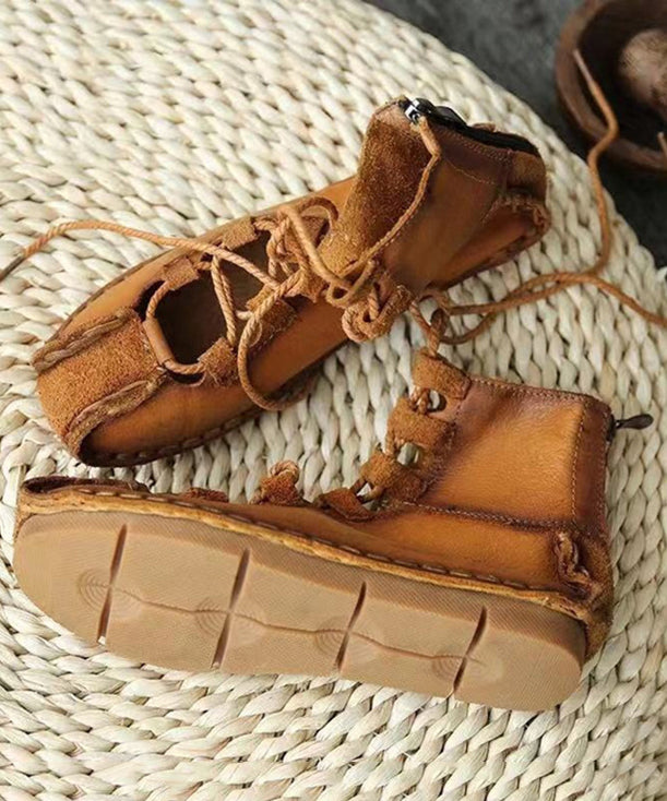 French Khaki Hollow Out Lace Up Cowhide Leather Flats Feet Shoes Rt1049