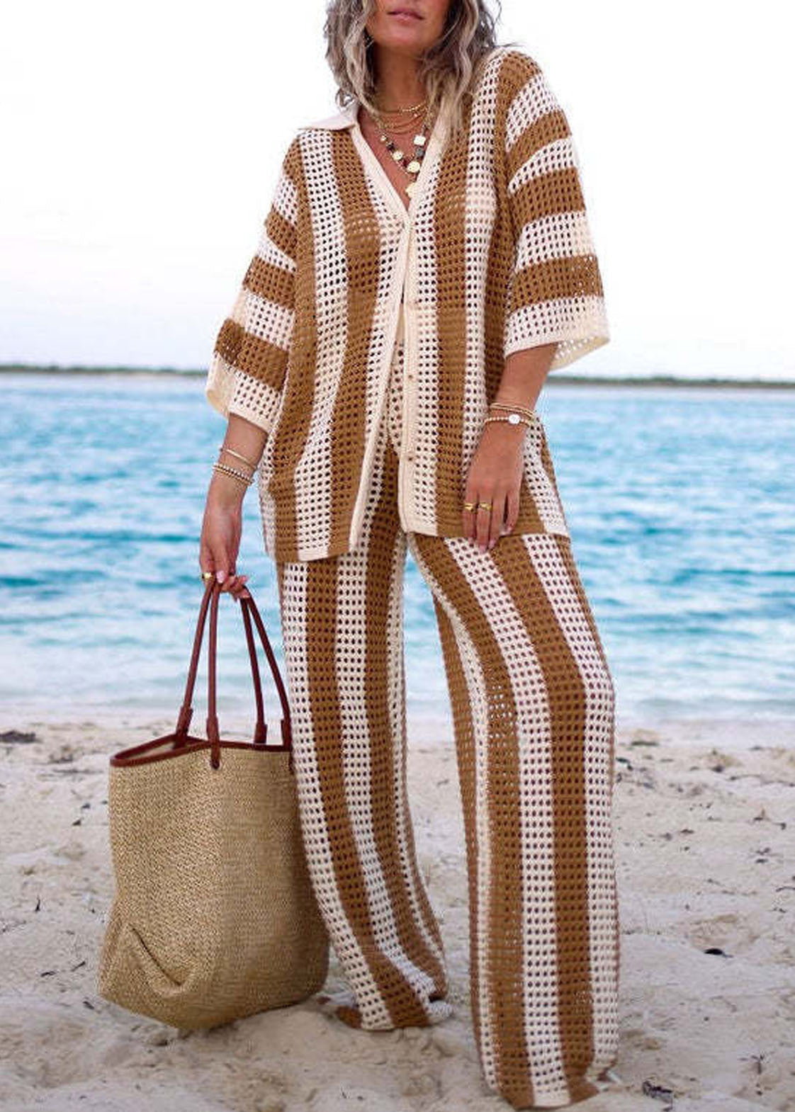 French Khaki Hollow Out Tops and Pants Knit Two Pieces Set Long Sleeve Bb061