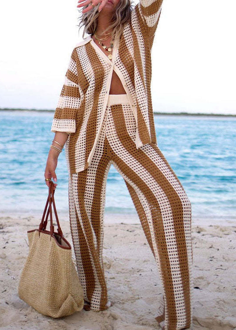French Khaki Hollow Out Tops and Pants Knit Two Pieces Set Long Sleeve Bb061