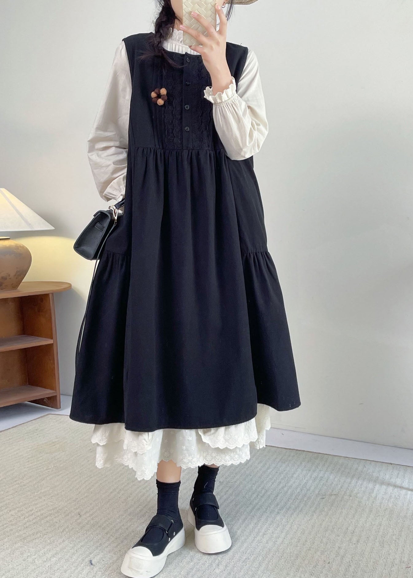 French Khaki O-neck Lace Patchwork Long Dress Sleeveless Bv029
