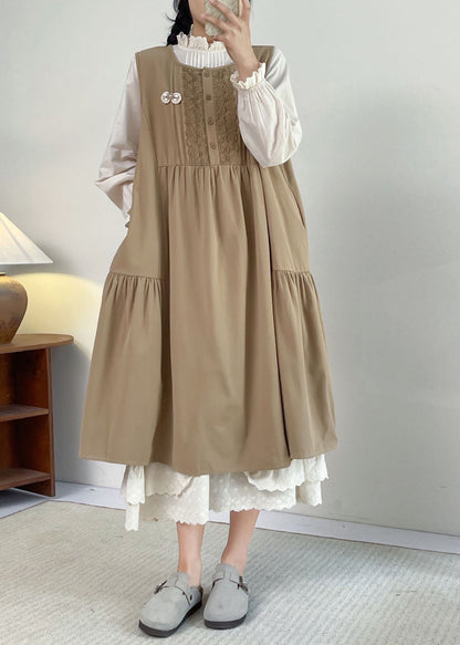 French Khaki O-neck Lace Patchwork Long Dress Sleeveless Bv029