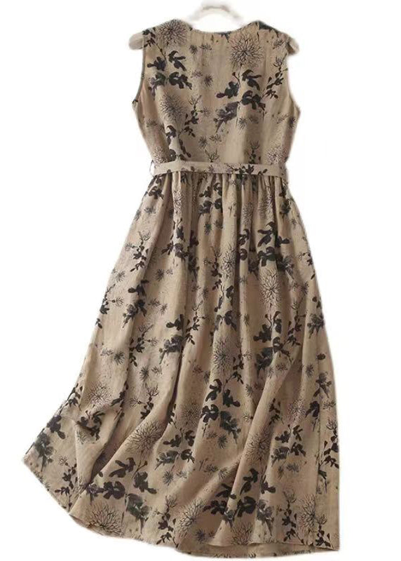 French Khaki O Neck Print Tie Waist Cotton Long Dresses Sleeveless Gg005