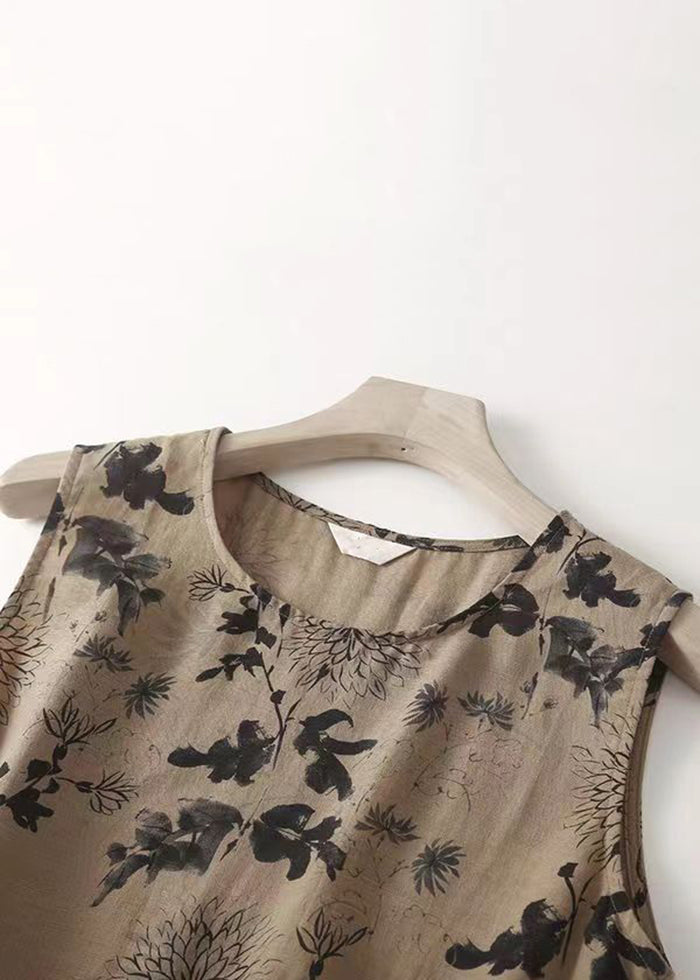 French Khaki O Neck Print Tie Waist Cotton Long Dresses Sleeveless Gg005