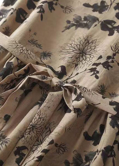 French Khaki O Neck Print Tie Waist Cotton Long Dresses Sleeveless Gg005