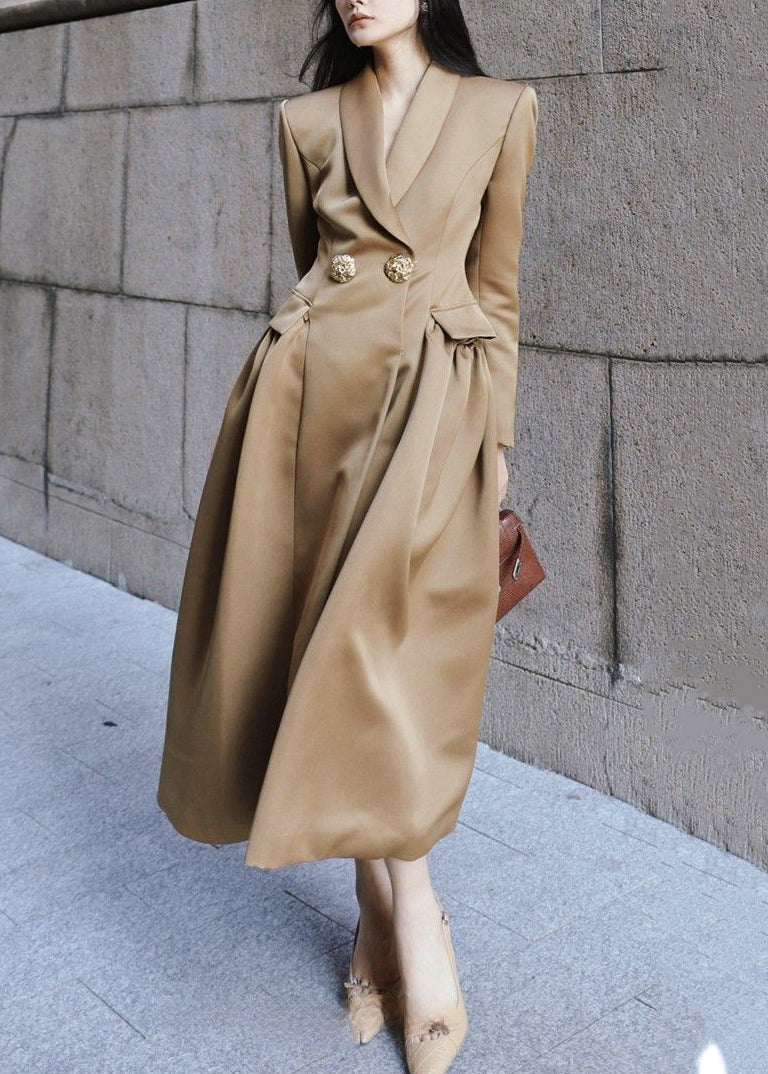 French Khaki Peter Pan Collar Button Silk Long Trench Coat Spring Yz047