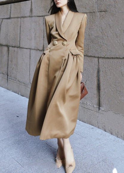 French Khaki Peter Pan Collar Button Silk Long Trench Coat Spring Yz047