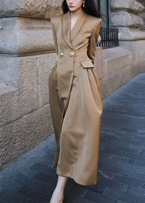 French Khaki Peter Pan Collar Button Silk Long Trench Coat Spring Yz047