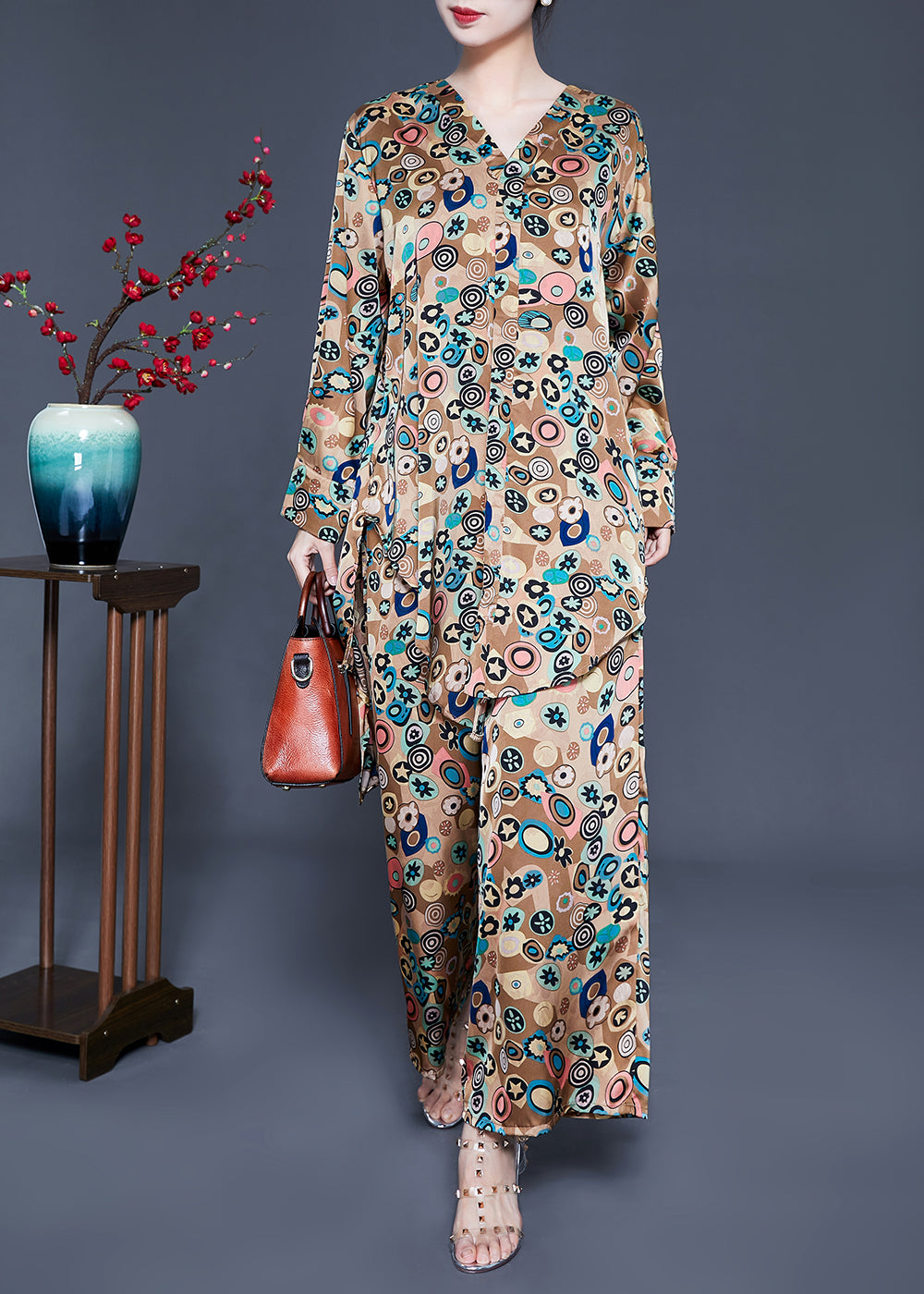 French Khaki Print Tie Waist Asymmetrical Design Silk Two-piece Set Summer Ly0940