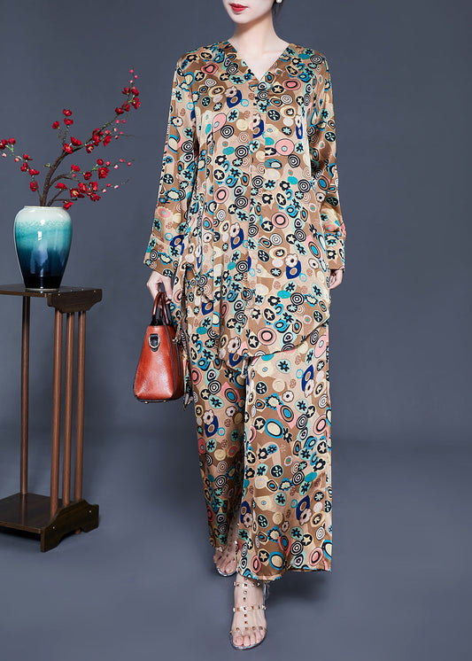 French Khaki Print Tie Waist Asymmetrical Design Silk Two-piece Set Summer Ly0940