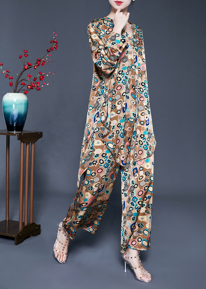 French Khaki Print Tie Waist Asymmetrical Design Silk Two-piece Set Summer Ly0940