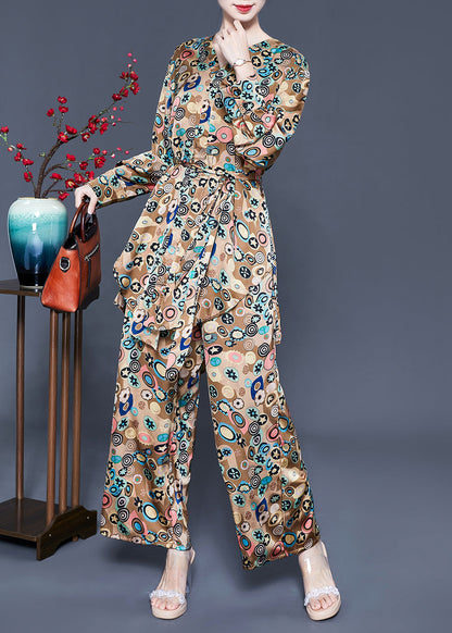 French Khaki Print Tie Waist Asymmetrical Design Silk Two-piece Set Summer Ly0940