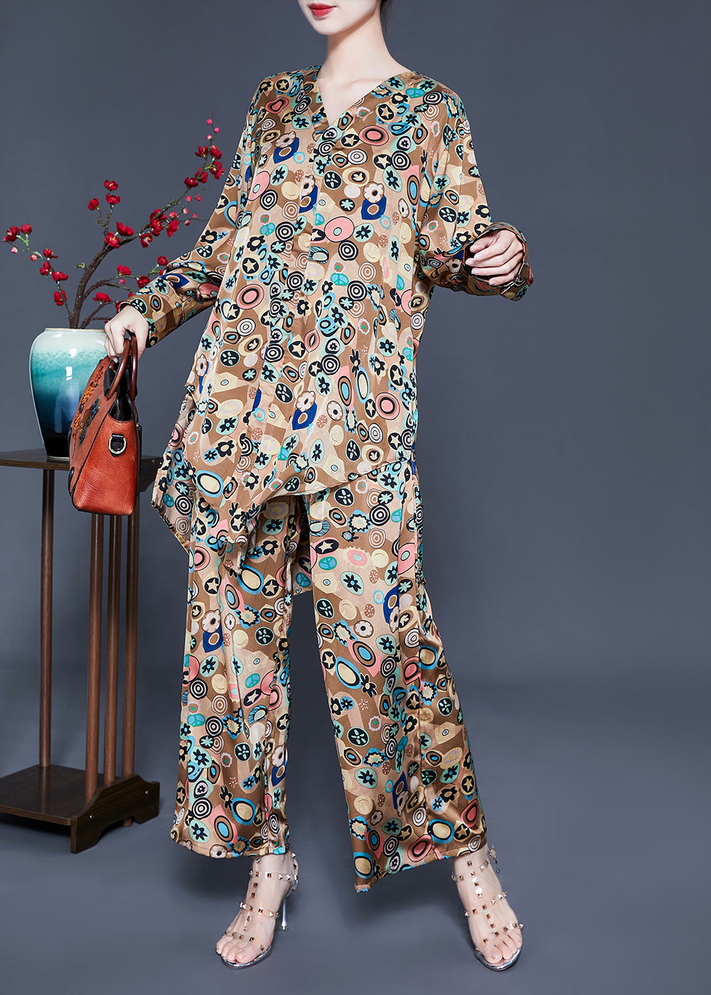 French Khaki Print Tie Waist Asymmetrical Design Silk Two-piece Set Summer Ly0940