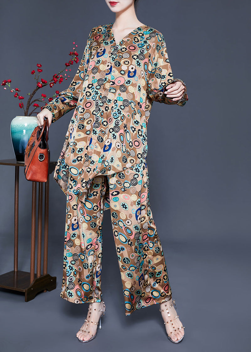 French Khaki Print Tie Waist Asymmetrical Design Silk Two-piece Set Summer Ly0940