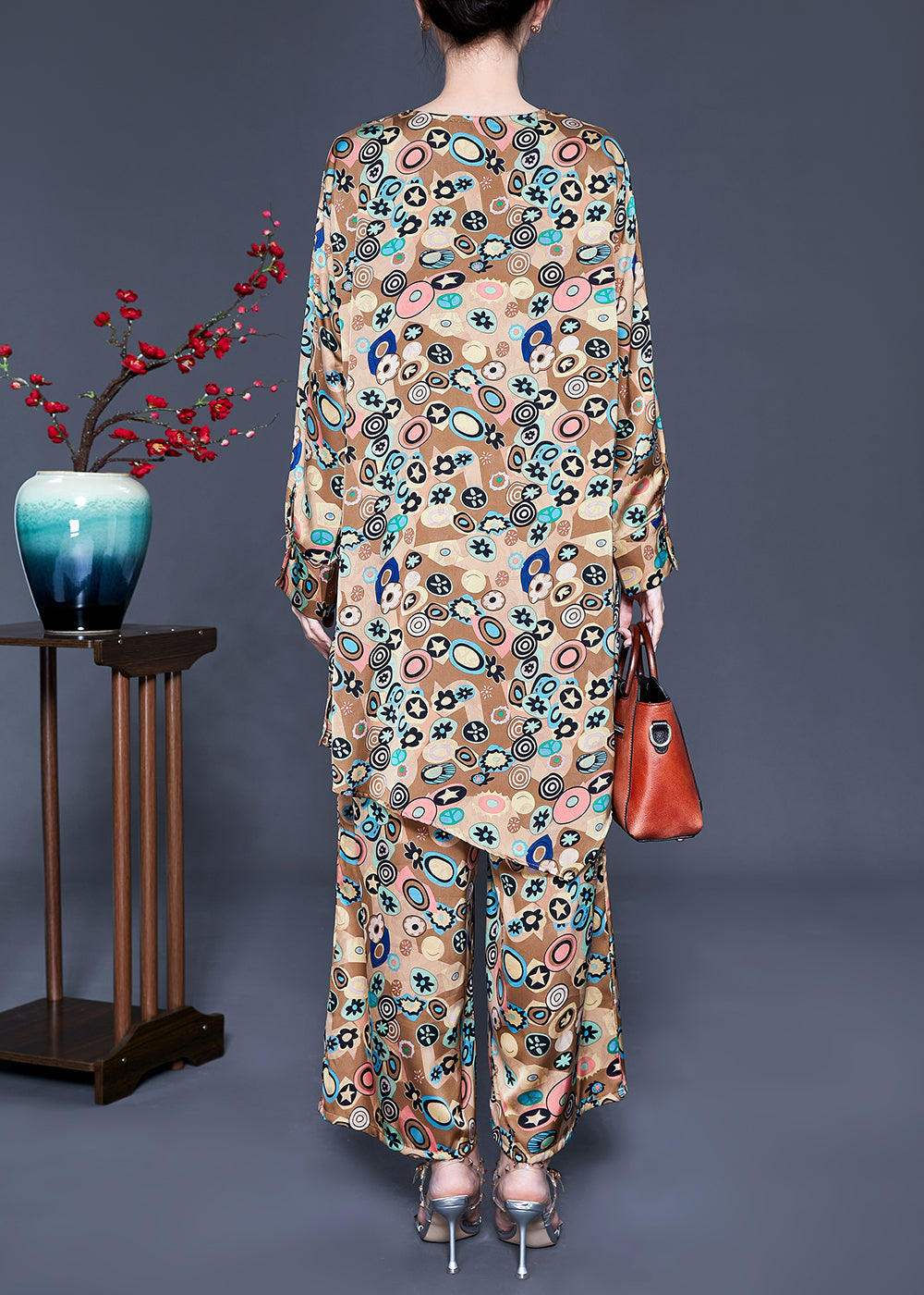 French Khaki Print Tie Waist Asymmetrical Design Silk Two-piece Set Summer Ly0940