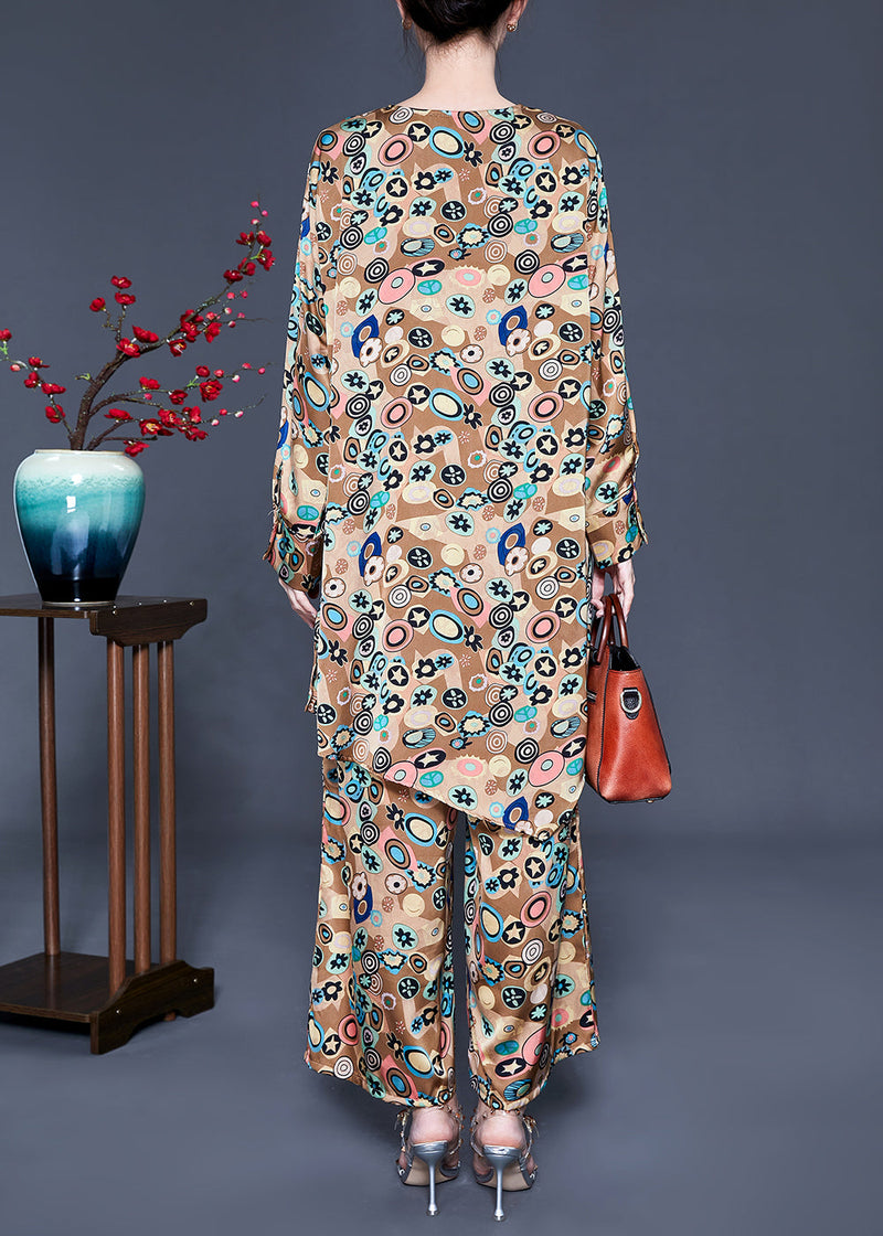 French Khaki Print Tie Waist Asymmetrical Design Silk Two-piece Set Summer Ly0940