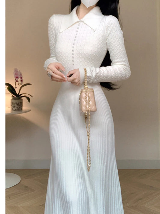 French Knitted Dress A-line Slim Long Dresses Autumn Winter Lapel Long Sleeve Sweet Sweater Dress Vestidos