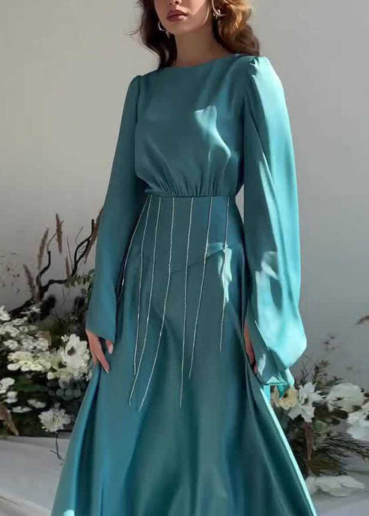 French Lake Blue Tassel Lace Up Silk Long Dress Fall Ql021