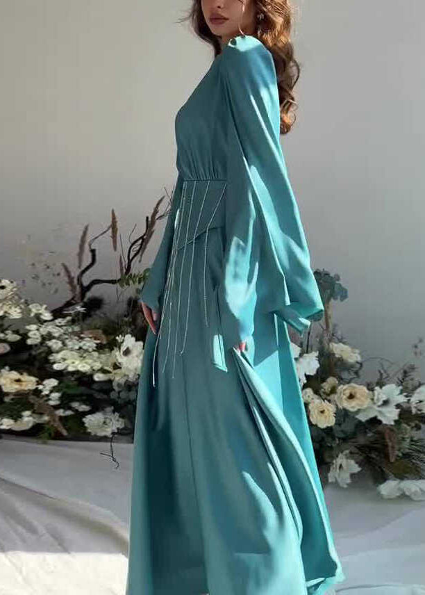French Lake Blue Tassel Lace Up Silk Long Dress Fall Ql021