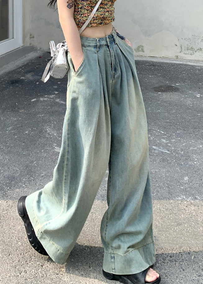 French Light Blue Pockets High Waist Wide Leg Pants Summer Pp011