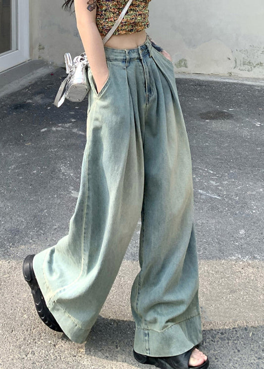 French Light Blue Pockets High Waist Wide Leg Pants Summer Pp011