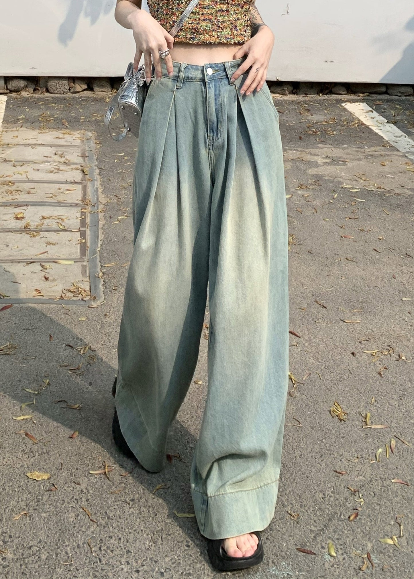 French Light Blue Pockets High Waist Wide Leg Pants Summer Pp011