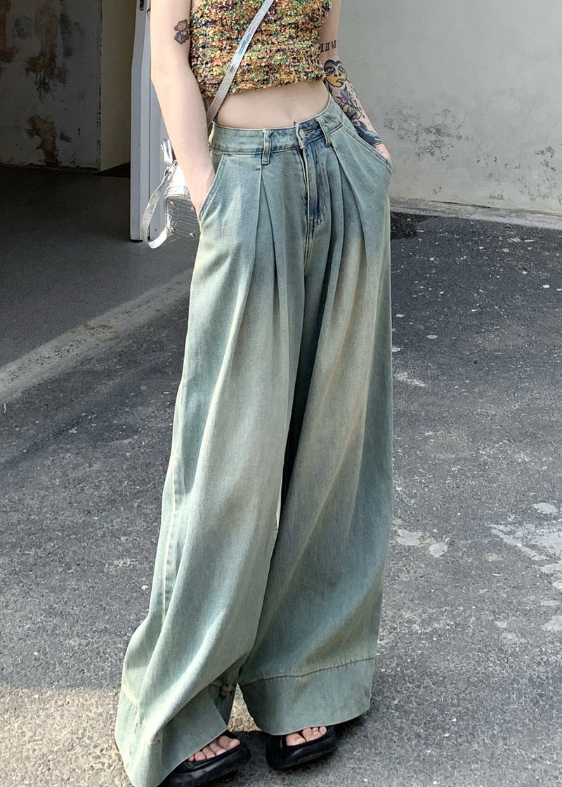 French Light Blue Pockets High Waist Wide Leg Pants Summer Pp011