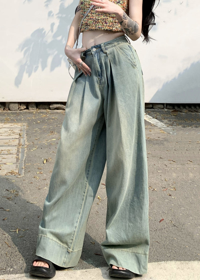 French Light Blue Pockets High Waist Wide Leg Pants Summer Pp011