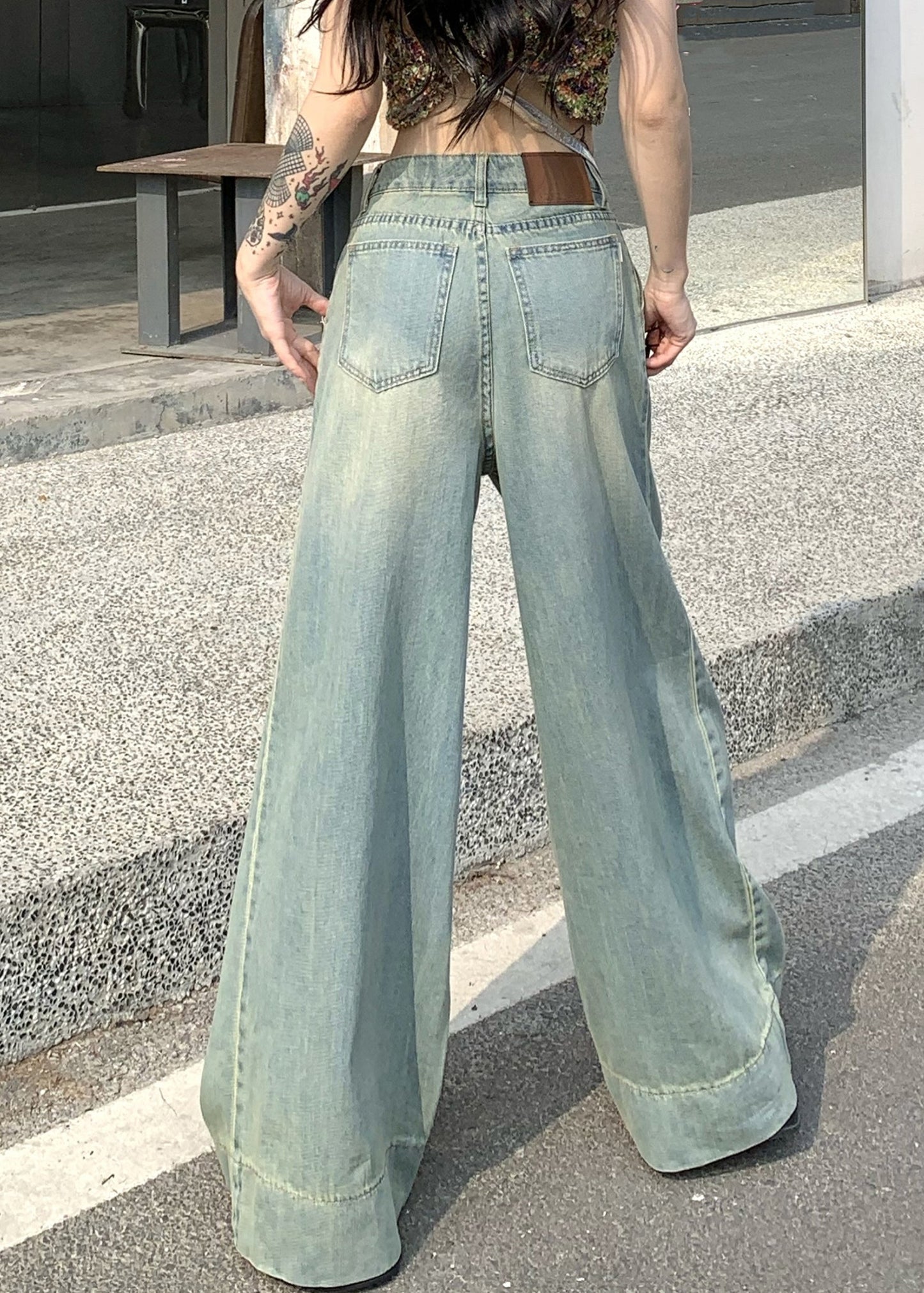 French Light Blue Pockets High Waist Wide Leg Pants Summer Pp011