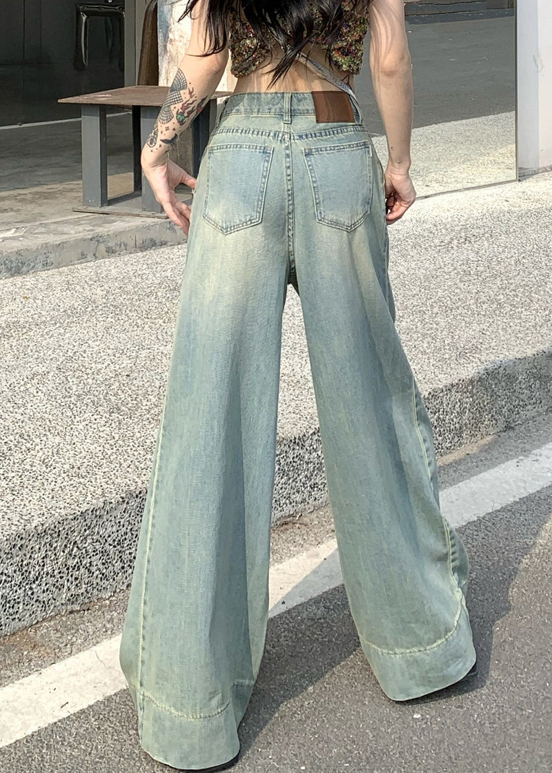 French Light Blue Pockets High Waist Wide Leg Pants Summer Pp011