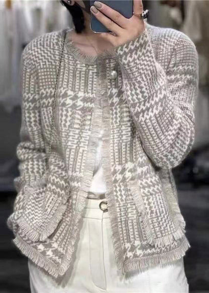 French Light Camel O-neck Tassel Woolen Cardigan Fall Ry010
