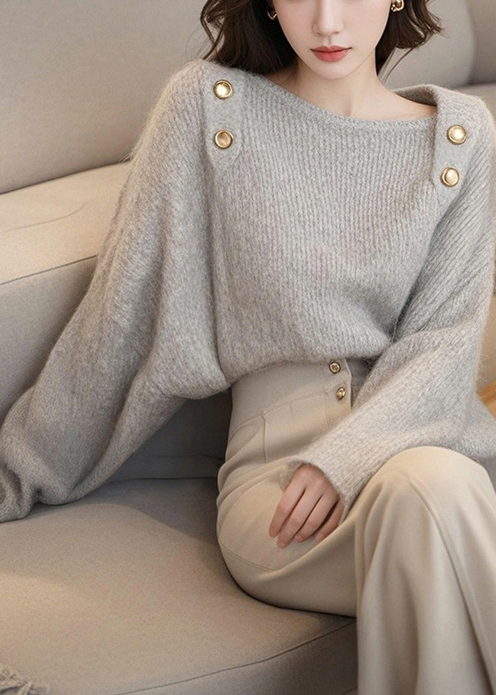 French Light Grey Slash Neck Cozy Cotton Knit Sweater Tops Spring To045