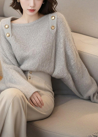 French Light Grey Slash Neck Cozy Cotton Knit Sweater Tops Spring To045
