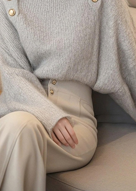 French Light Grey Slash Neck Cozy Cotton Knit Sweater Tops Spring To045