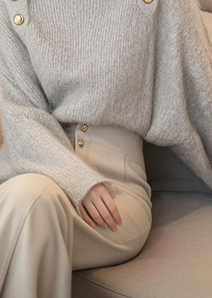 French Light Grey Slash Neck Cozy Cotton Knit Sweater Tops Spring To045