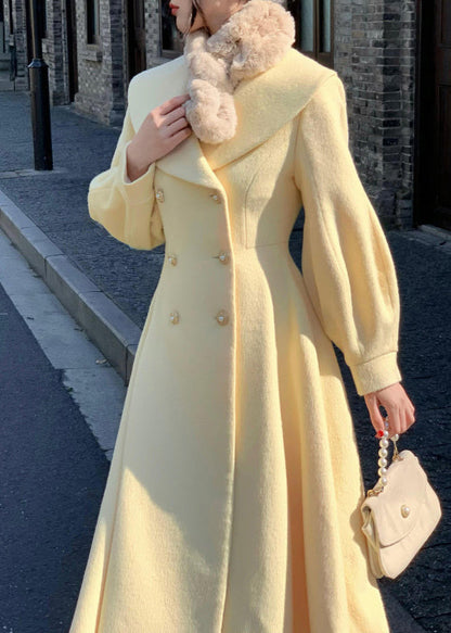 French Light Yellow Peter Pan Collar Double Breast Woolen Coat Spring Th044