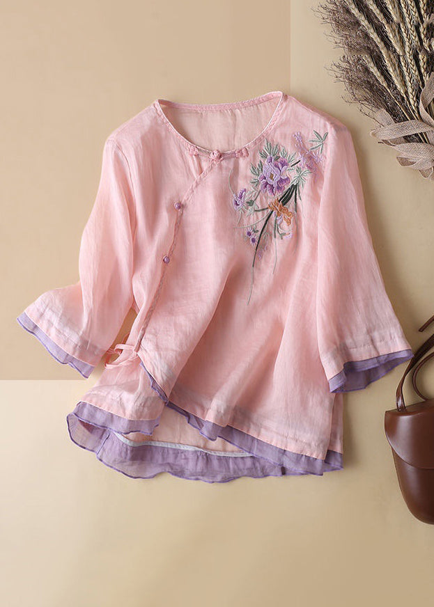 French Linen Embroidered Button Cotton Blouses Half Sleeve Jh023