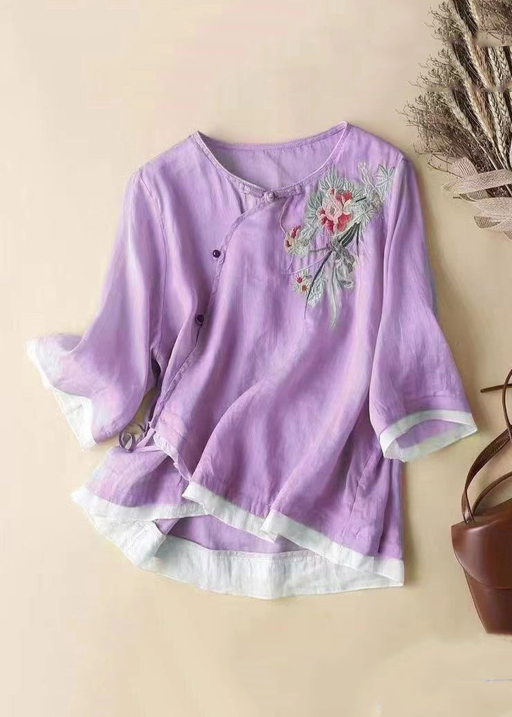 French Linen Embroidered Button Cotton Blouses Half Sleeve Jh023