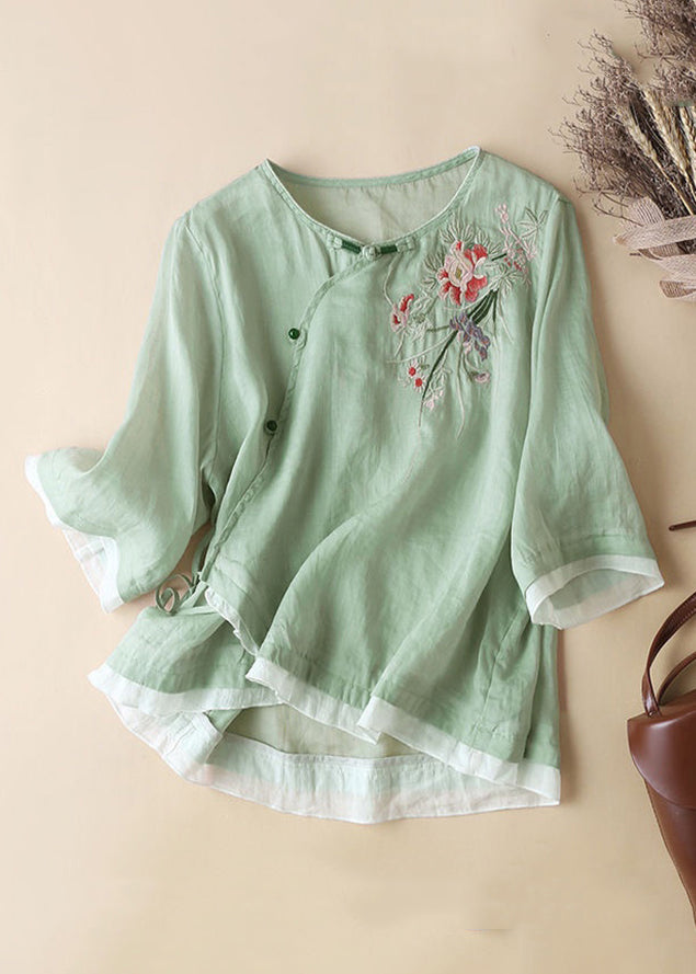 French Linen Embroidered Button Cotton Blouses Half Sleeve Jh023