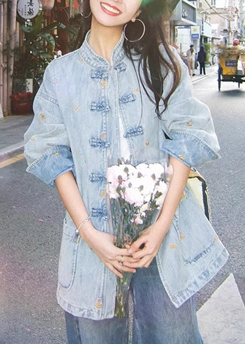 French Make Old Blue Button Pockets Denim Coats Long Sleeve Qa1042