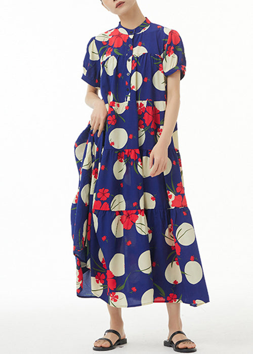 French Navy Button Print Cotton Long Dress Short Sleeve Aa1017