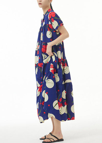 French Navy Button Print Cotton Long Dress Short Sleeve Aa1017