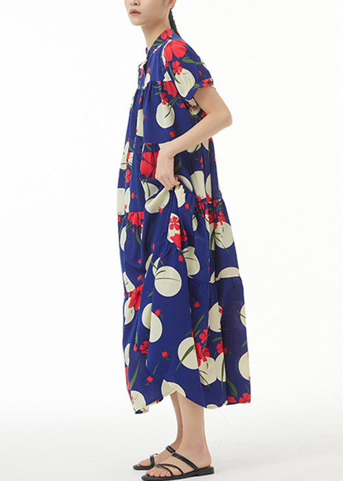 French Navy Button Print Cotton Long Dress Short Sleeve Aa1017