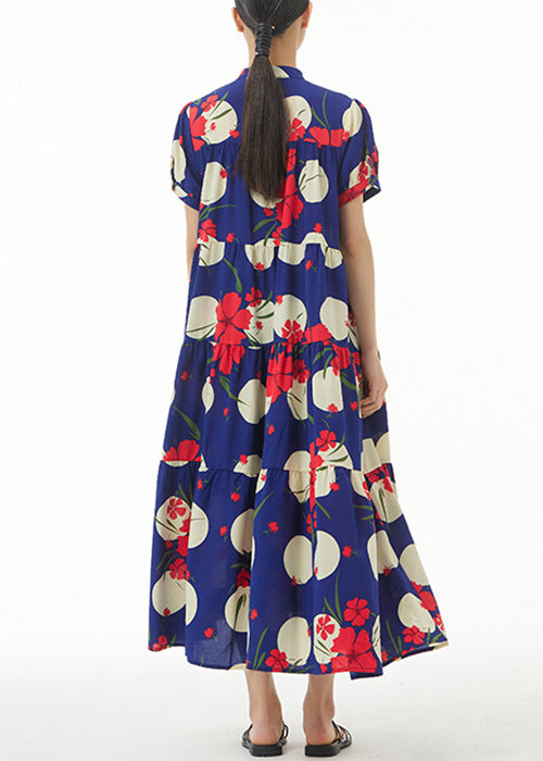 French Navy Button Print Cotton Long Dress Short Sleeve Aa1017