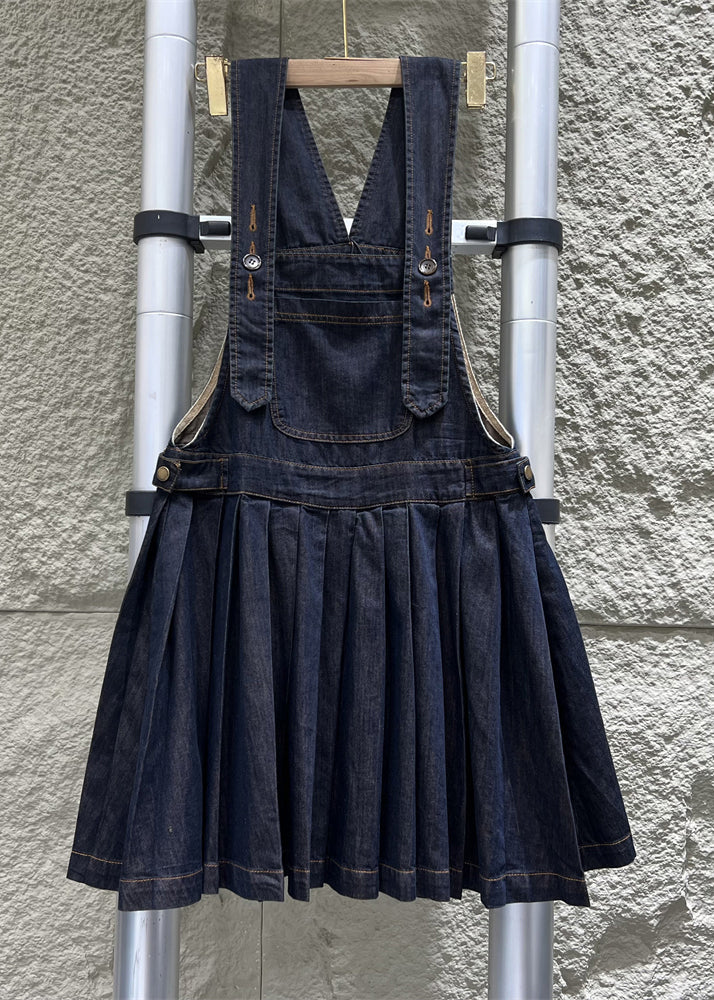 French Navy Button Wrinkled Denim Jumpsuit Sleeveless Mn087