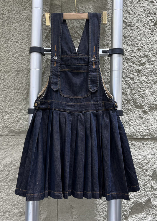 French Navy Button Wrinkled Denim Jumpsuit Sleeveless Mn087