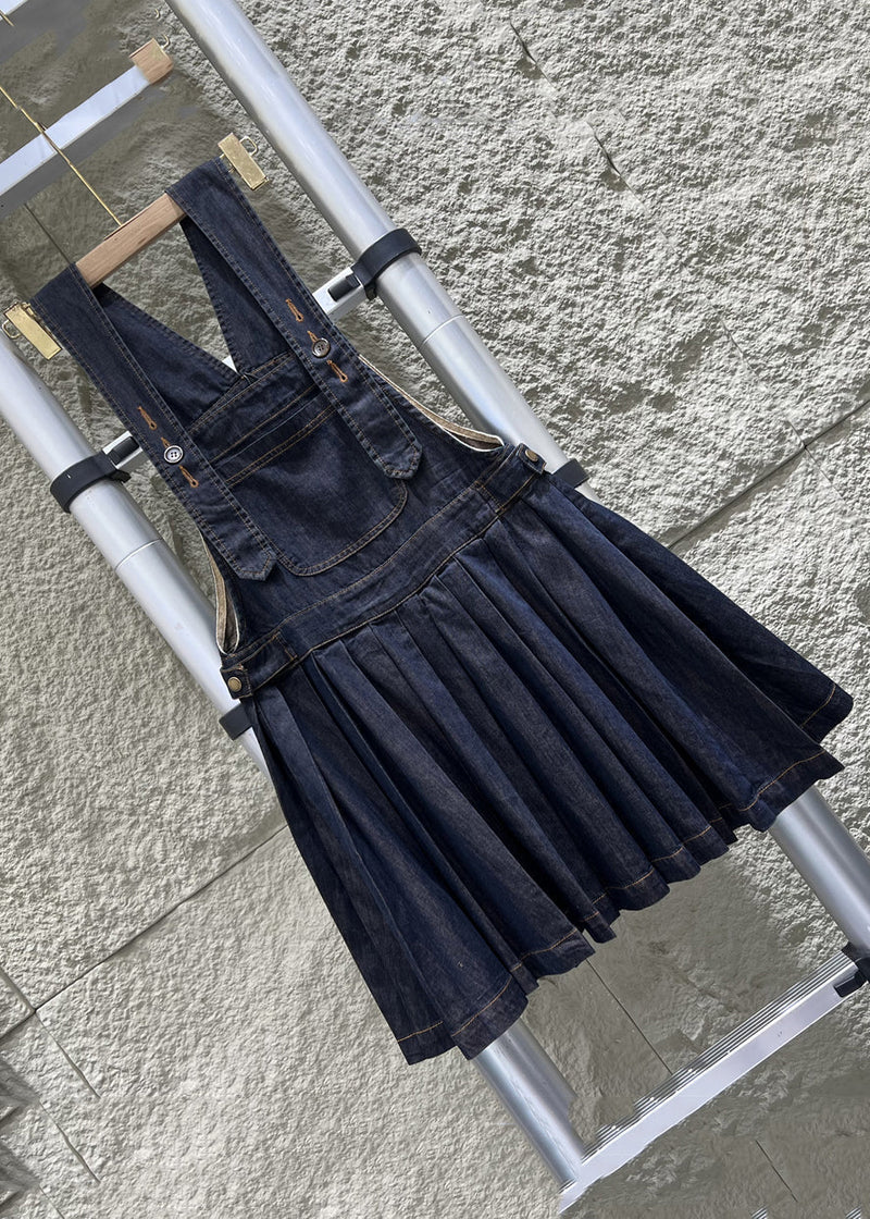 French Navy Button Wrinkled Denim Jumpsuit Sleeveless Mn087