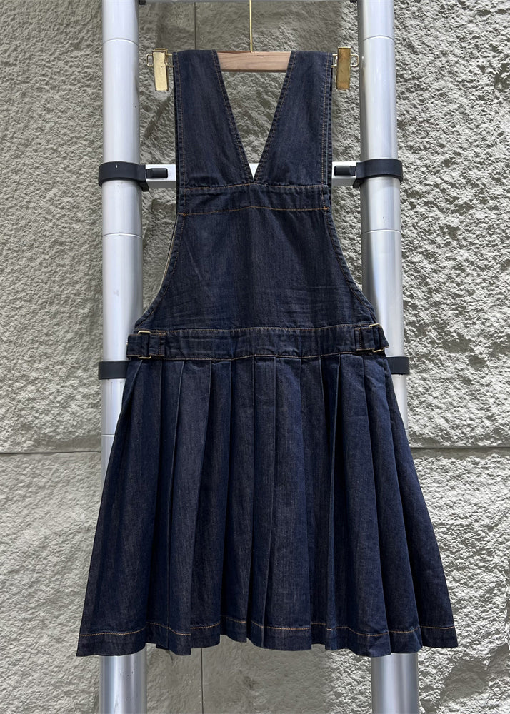 French Navy Button Wrinkled Denim Jumpsuit Sleeveless Mn087