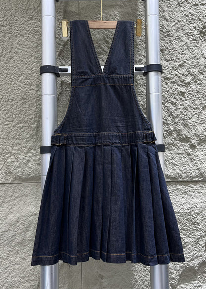 French Navy Button Wrinkled Denim Jumpsuit Sleeveless Mn087