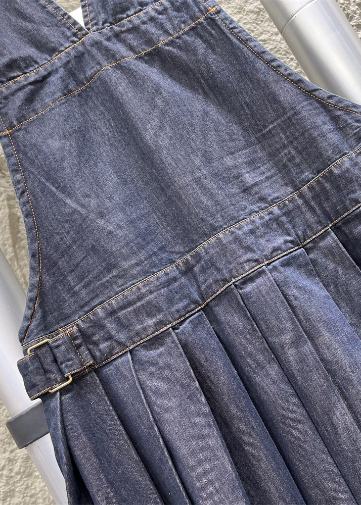 French Navy Button Wrinkled Denim Jumpsuit Sleeveless Mn087