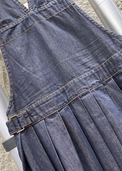 French Navy Button Wrinkled Denim Jumpsuit Sleeveless Mn087